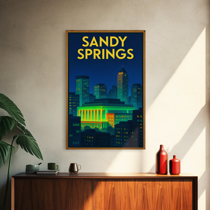Sandy Springs Travel Poster, Canvas Print, Retro Neon Travel Art, Sandy Springs Travel Art, Travel Poster Set, Watercolor Downtown Skyline