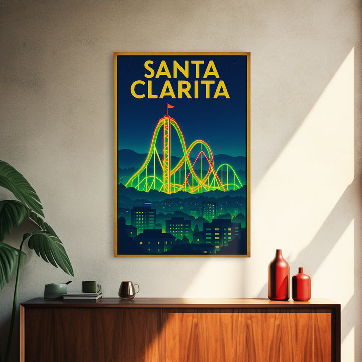 Santa Clarita Travel Poster, Framed Canvas Print, Retro Neon Travel Art, Santa Clarita Wall Art, Vintage City Poster, Retro Travel Print