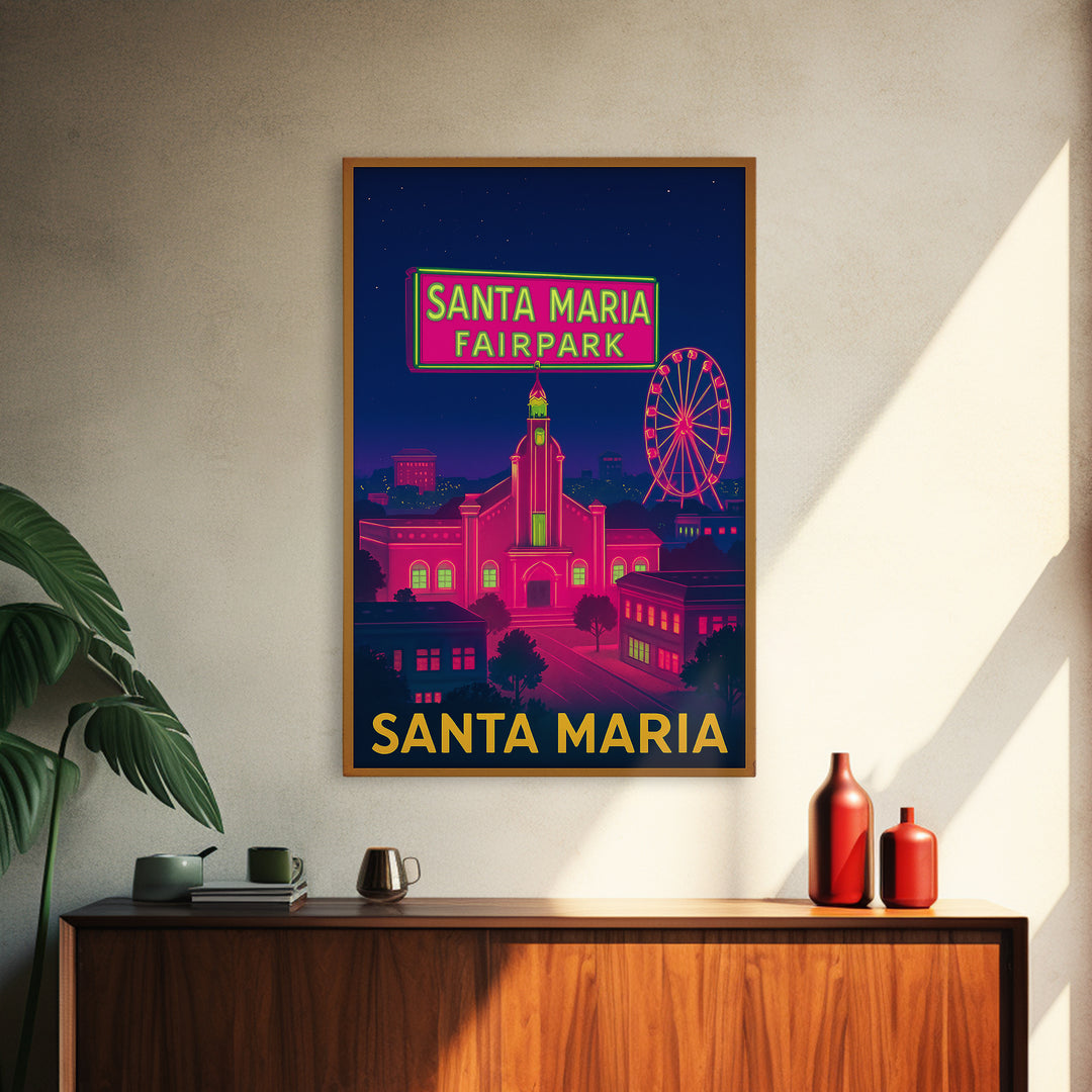 Santa Maria California Travel Poster, Canvas Print, Neon City Skyline Wall Art, Santa Maria Travel Art, Travel Poster Set, Wanderlust Decor