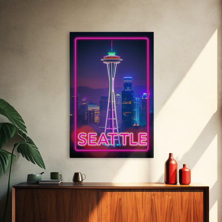 Seattle Washington Travel Poster, Canvas Print, Cyberpunk Style City Art, Seattle City Art, Wanderlust Decor, Travel Art Print, Wall Art
