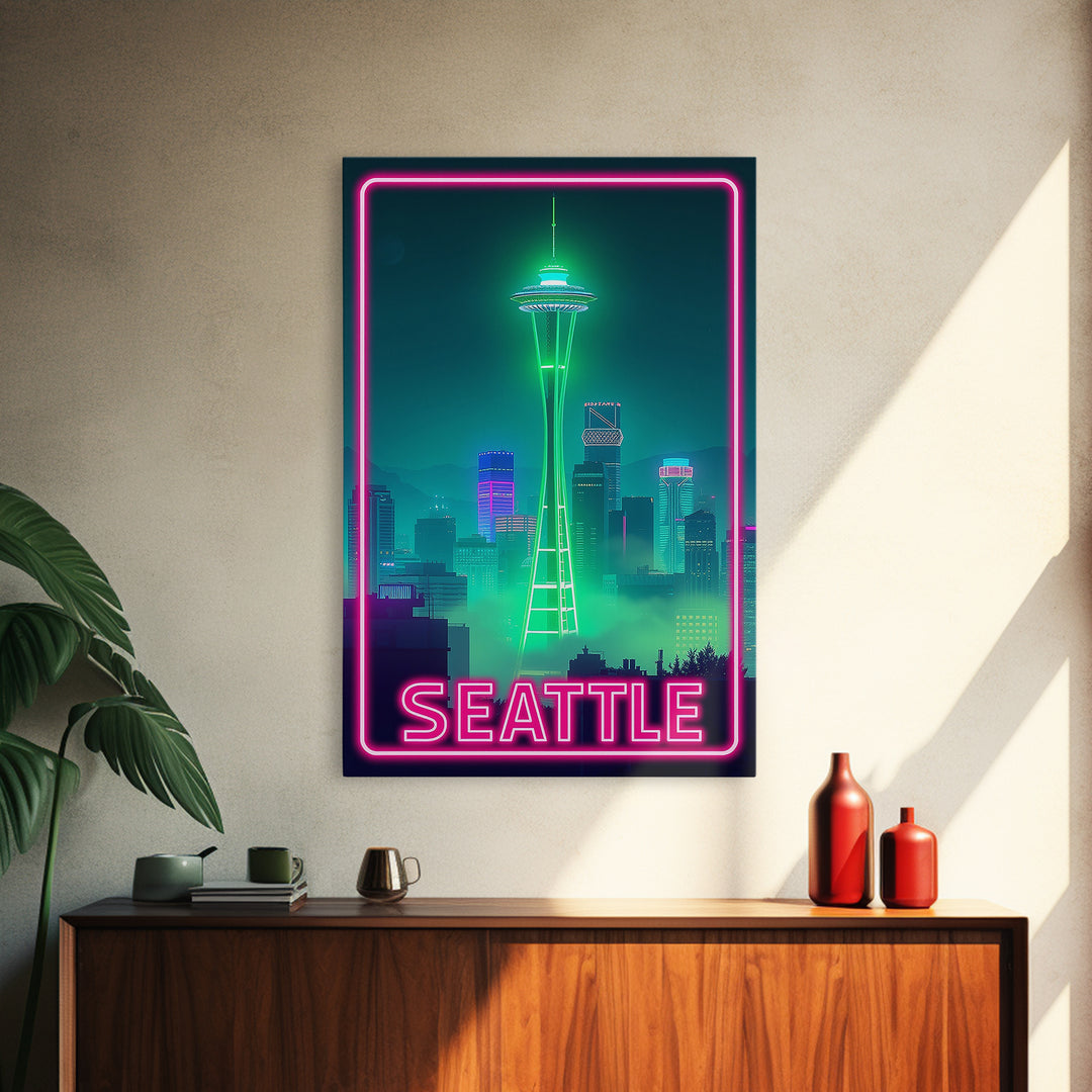 Seattle Travel Poster, Canvas Print, Electric Night Poster Art, Seattle Art Print, Vintage City Poster, Retro Travel Print, City Poster