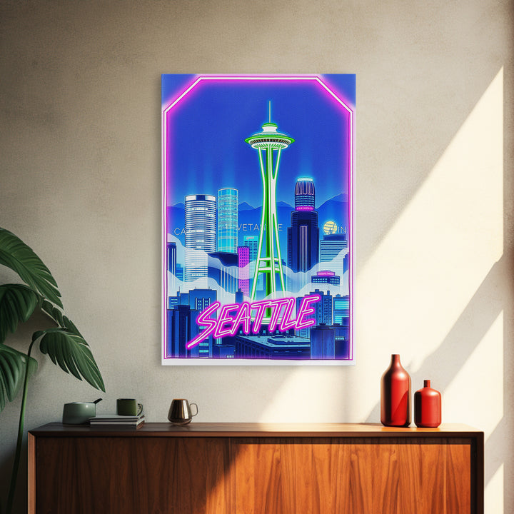Seattle Travel Poster, Canvas Print, Cyberpunk Style City Art, Seattle City Art, Watercolor Skyline, City Travel Prints, Travel Wall Art