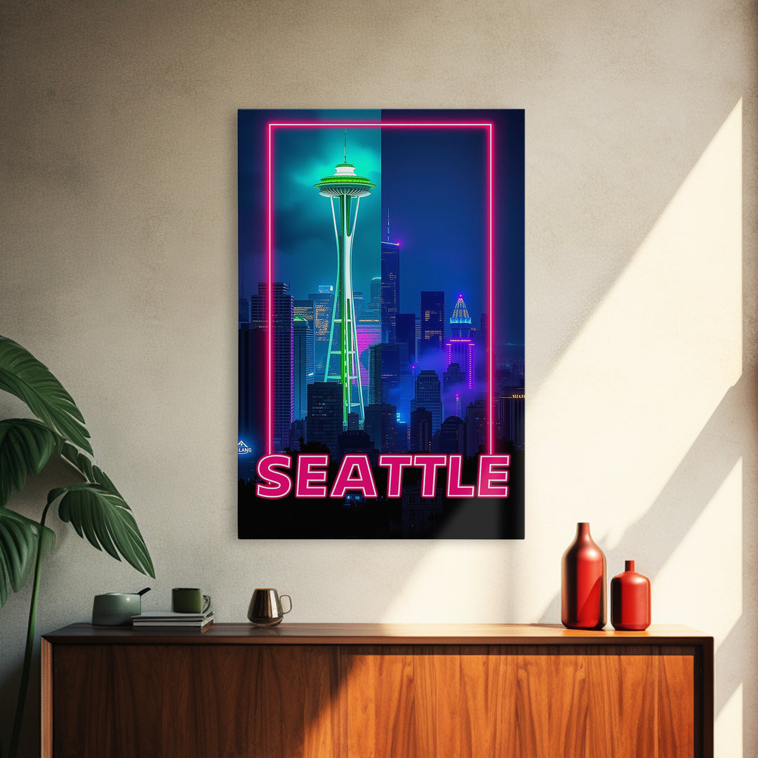 Seattle Travel Poster, Framed Canvas Print, Retro Neon Travel Art, Seattle City Art, Modern Wall Decor, Travel Wall Decor, Fine Art Print