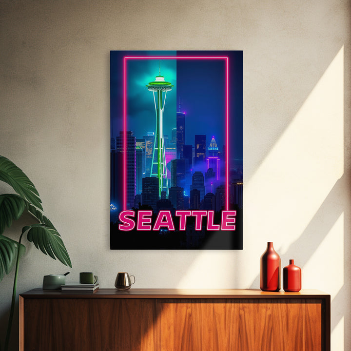 Seattle Travel Poster, Framed Canvas Print, Retro Neon Travel Art, Seattle City Art, Modern Wall Decor, Travel Wall Decor, Fine Art Print