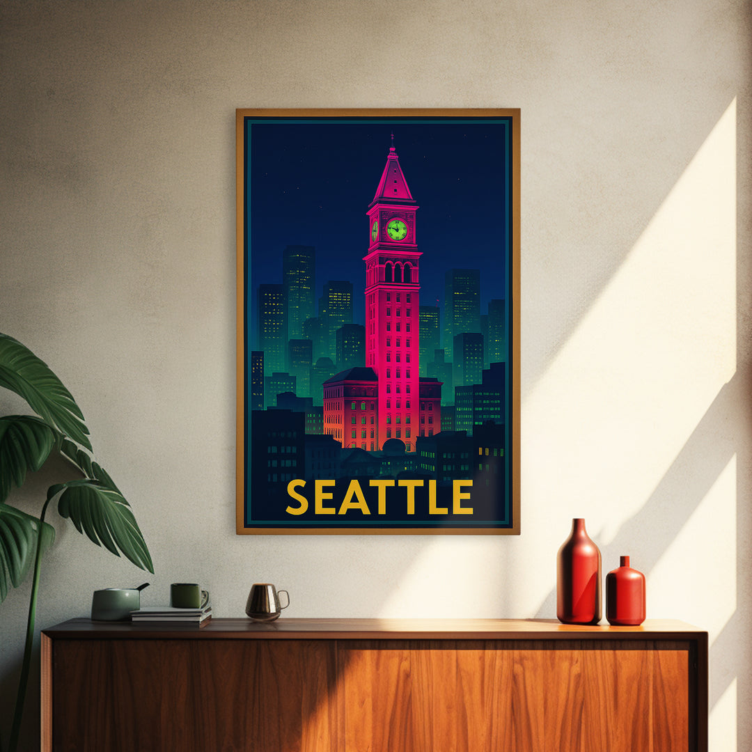 Seattle Travel Poster, Framed Canvas Print, Cyberpunk Style City Art, Seattle Wall Art, Travel Wall Art, Vintage Travel Print, Design 5