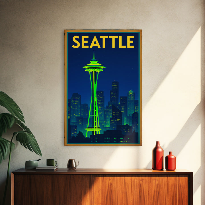 Seattle Travel Poster, Framed Canvas Print, Cyberpunk Style City Art, Seattle City Art, Wanderlust Decor, Retro Travel Print, Design 6
