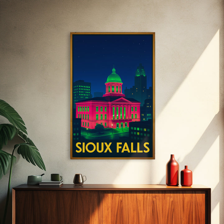 Sioux Falls South Dakota Travel Poster, Canvas Print, Neon Travel Art, Sioux Falls Print, Travel Poster Set, Watercolor Downtown Skyline