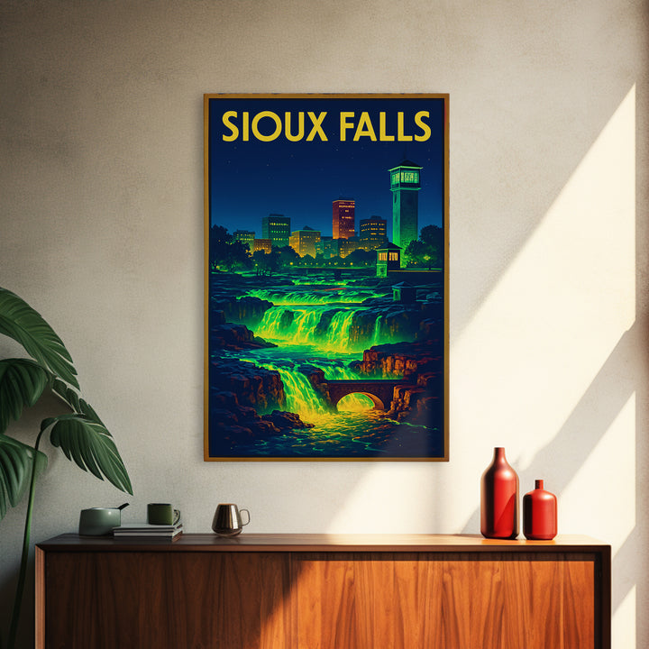 Sioux Falls Travel Poster, Canvas Print, Retro Neon Travel Art, Sioux Falls Poster Print, Living Room Wall Art, City Illustration
