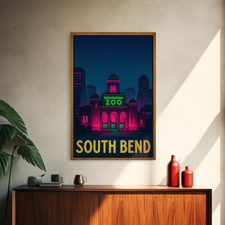 South Bend Indiana Travel Poster, Canvas Print, Neon Skyline Wall Art, South Bend City Art, Vintage Travel Print, Retro Travel Print