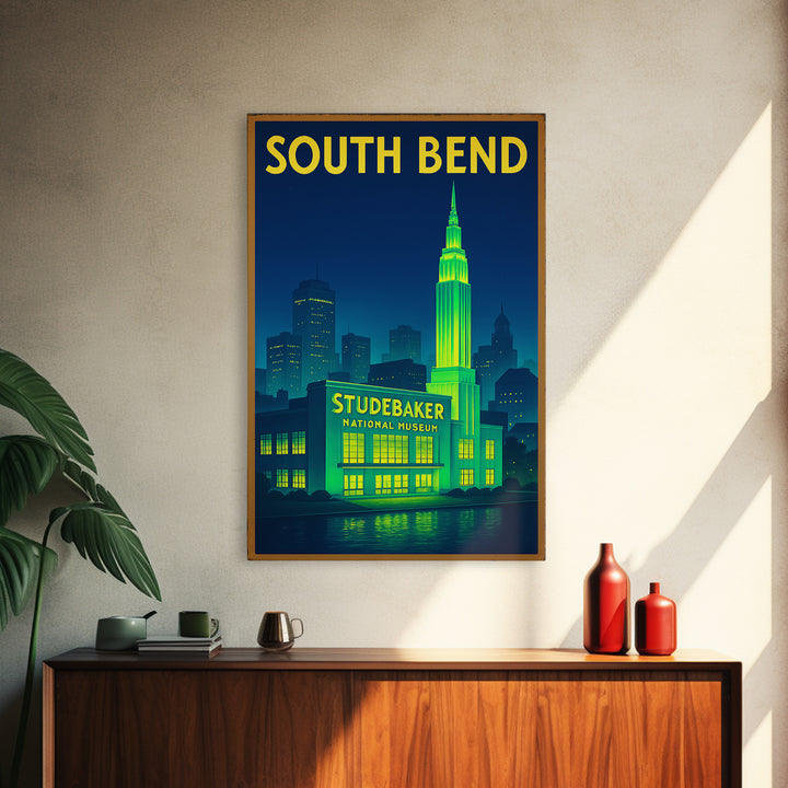 South Bend Travel Poster, Framed Canvas Print, Neon City Skyline Wall Art, South Bend Wall Art, Wanderlust Decor, Living Room Wall Art