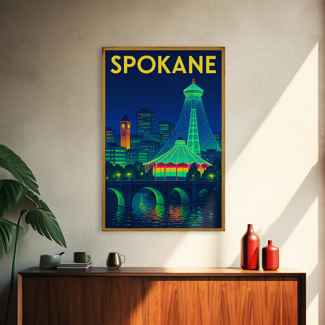 Spokane Travel Poster, Framed Canvas Print, Neon Skyline Wall Art, Spokane Travel Art, Travel Poster Set, Eclectic Wall Decor