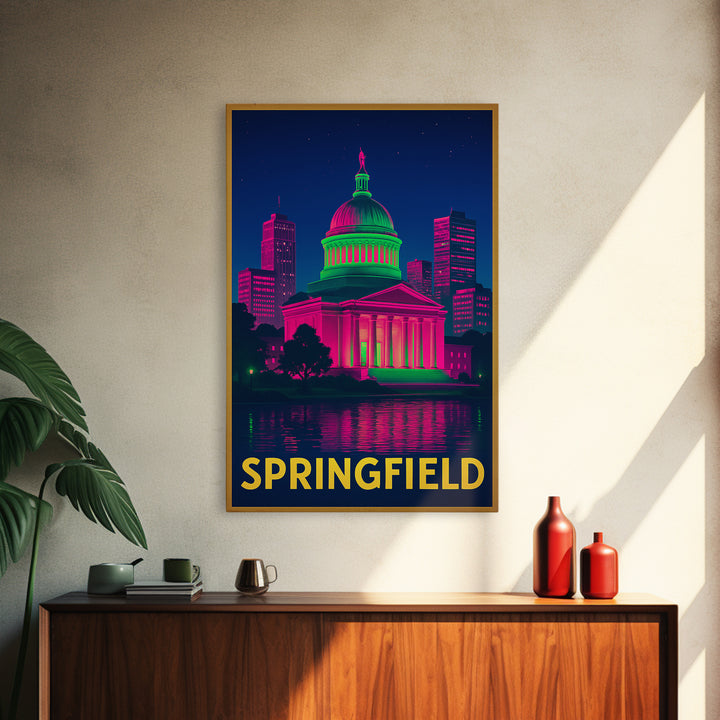 Springfield Travel Poster, Framed Canvas Print, Cyberpunk Style City Art, Springfield Travel Art, Fine Art Print, Mid Century Wall Art