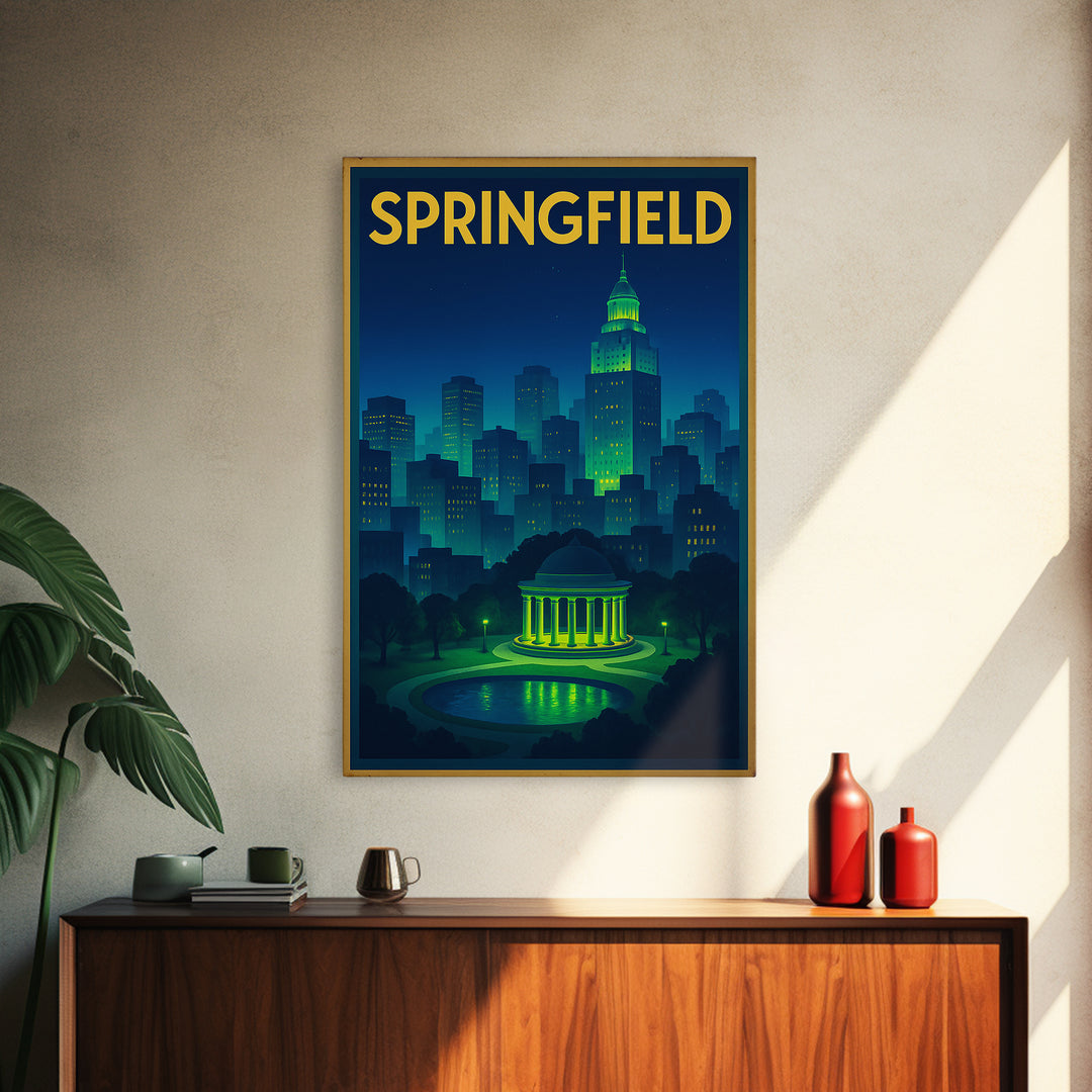 Springfield Travel Poster, Canvas Print, Electric Night Poster Art, Springfield Poster Print, Wanderlust Decor, Travel Art Print