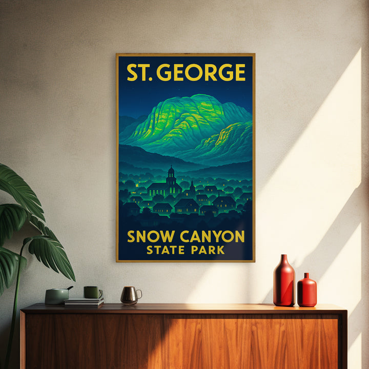St George Travel Poster, Framed Canvas Print, Cyberpunk Style City Art, St George Art Print, Mid Century Wall Art, Gift For Travelers