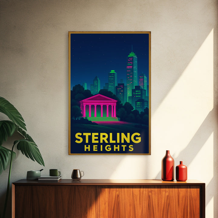 Sterling Heights Michigan Travel Poster, Canvas Print, Electric Night Poster Art, Sterling Heights Art Print, Retro Travel Print, Wall Decor
