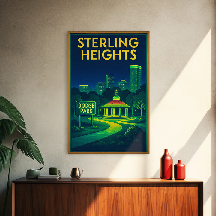 Sterling Heights Travel Poster, Framed Canvas Print, Neon City Skyline Wall Art, Sterling Heights Poster Print, City Illustration