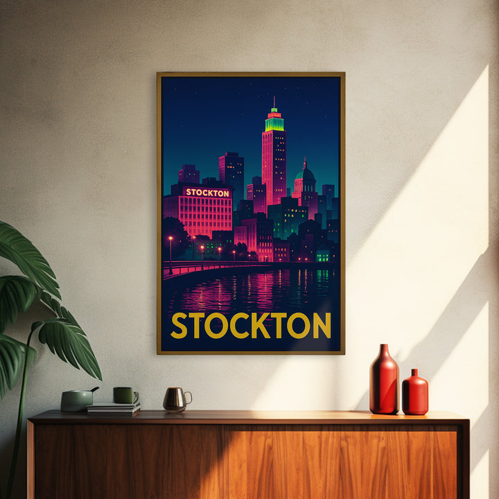 Stockton California Travel Poster, Canvas Print, Neon Skyline Art Wall Art, Stockton Art Print, Vintage City Art, Poster Art