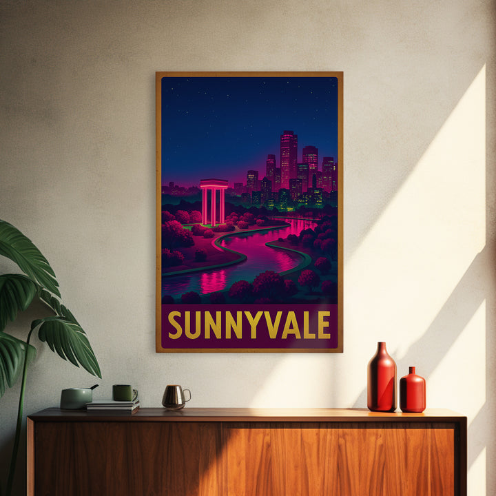 Sunnyvale California Travel Poster, Canvas Print, Neon Downtown Skyline Wall Art, Sunnyvale Art Print, Home Office Decor, Retro Travel Print