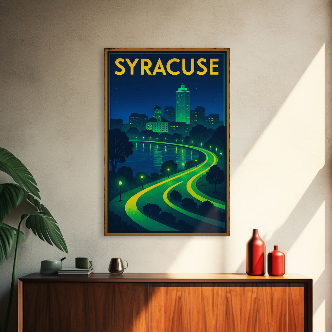 Syracuse Travel Poster, Framed Canvas Print, Neon City Skyline Wall Art, Syracuse Travel Art, Travel Art Print, Vintage Travel Print