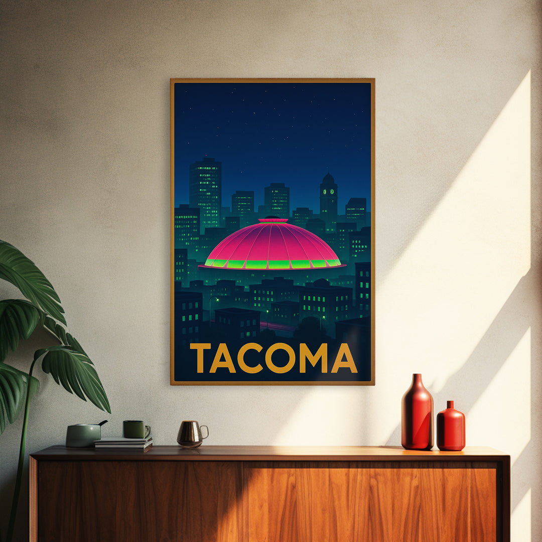 Tacoma Washington Travel Poster, Framed Canvas Print, Cyberpunk Style City Art, Tacoma Travel Art, Vintage City Poster, Mid Century Wall Art