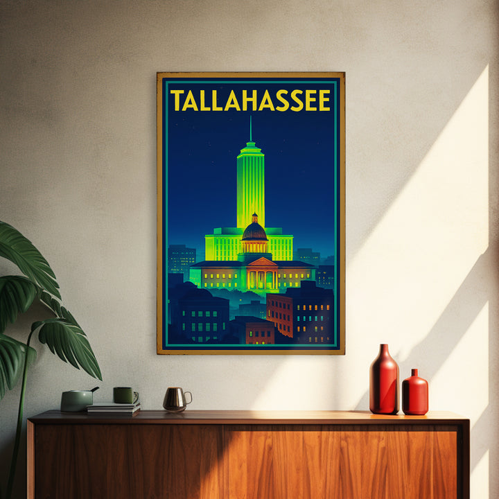 Talahassee Travel Poster, Framed Canvas Print, Neon Downtown Skyline Wall Art, Talahassee Art Print, Gift For Travelers, Vintage City Poster