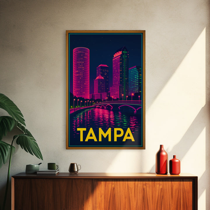 Tampa Florida Travel Poster, Canvas Print, Electric Night Poster Art, Tampa City Art, Wanderlust Decor, Travel Wall Art, Home Office Decor