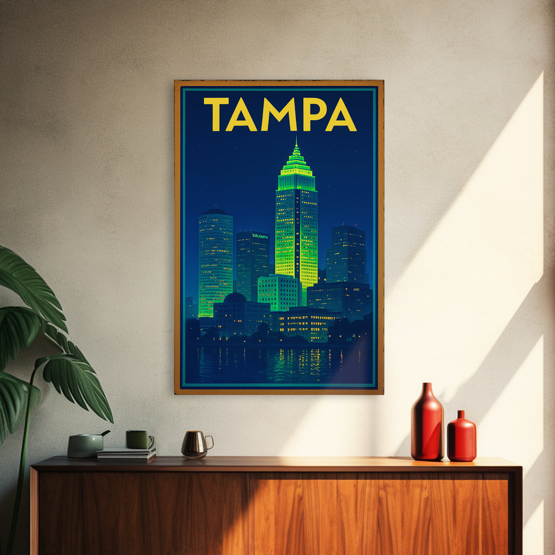 Tampa Travel Poster, Framed Canvas Print, Electric Night Poster Art, Tampa Art Print, Travel Poster Set, Eclectic Wall Decor, Design 2
