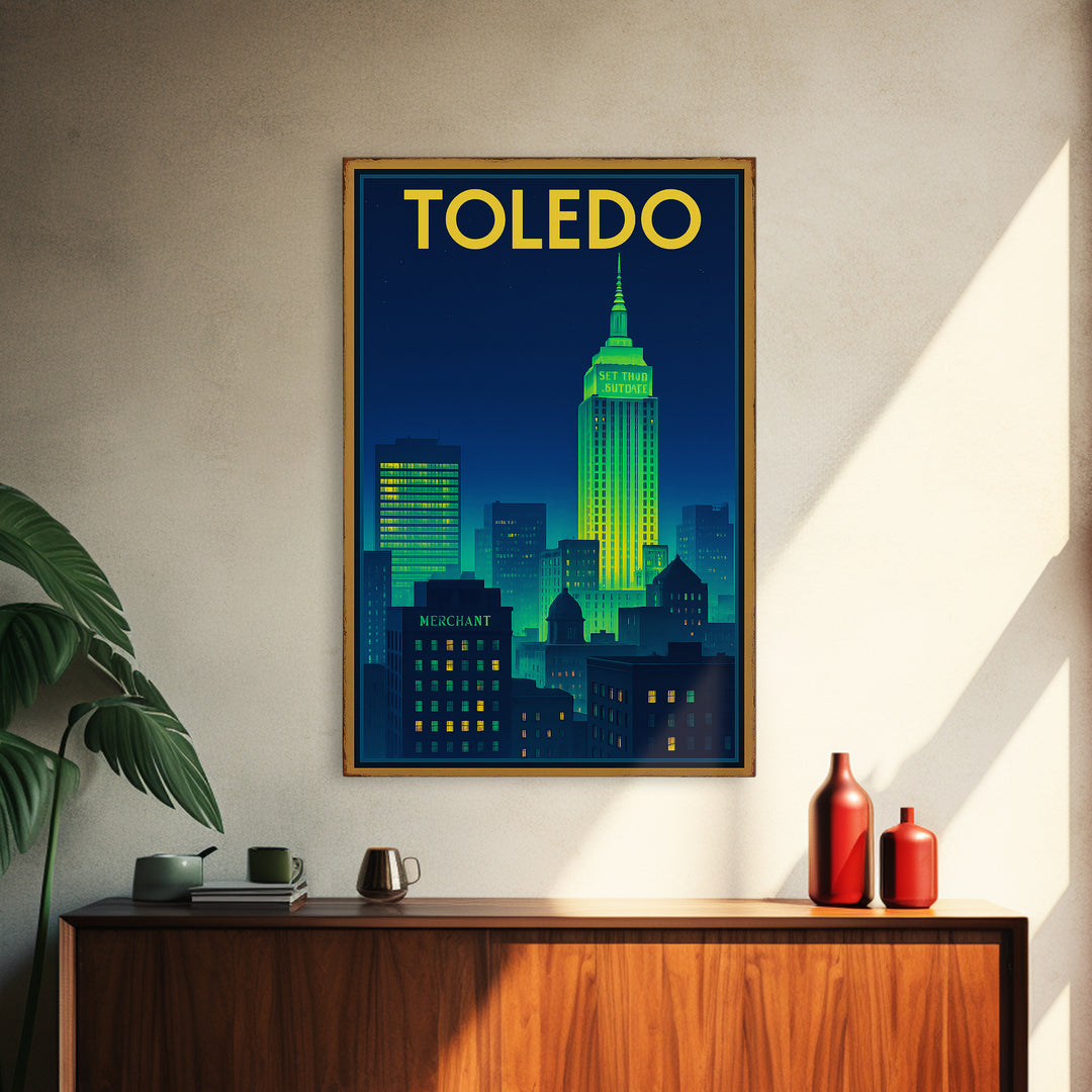 Toledo Travel Poster, Canvas Print, Electric Night Poster Art, Toledo Wall Art, Travel Poster Art, Retro Travel Print, Living Room Wall Art
