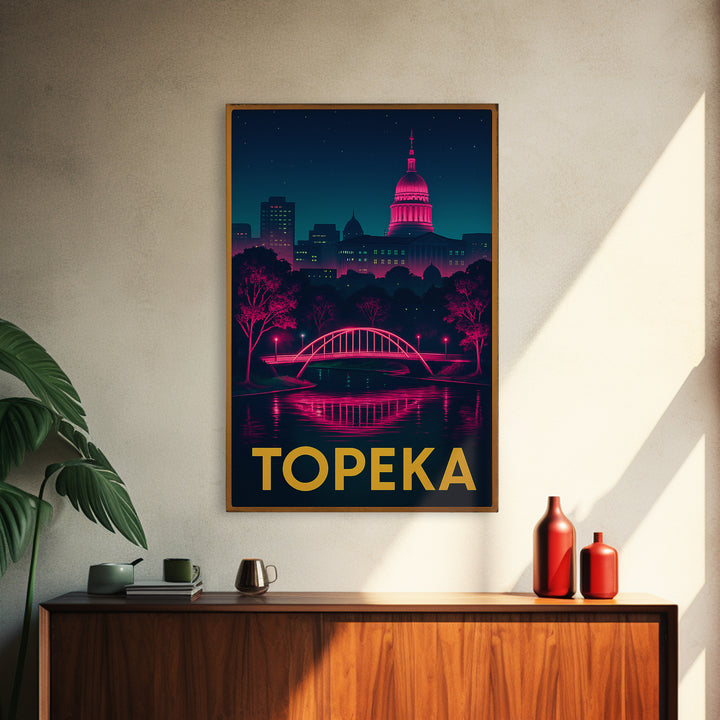 Topeka Kansas Travel Poster, Canvas Print, Retro Neon Travel Art, Topeka City Art, Travel Poster Art, Travel Wall Art, Living Room Wall Art