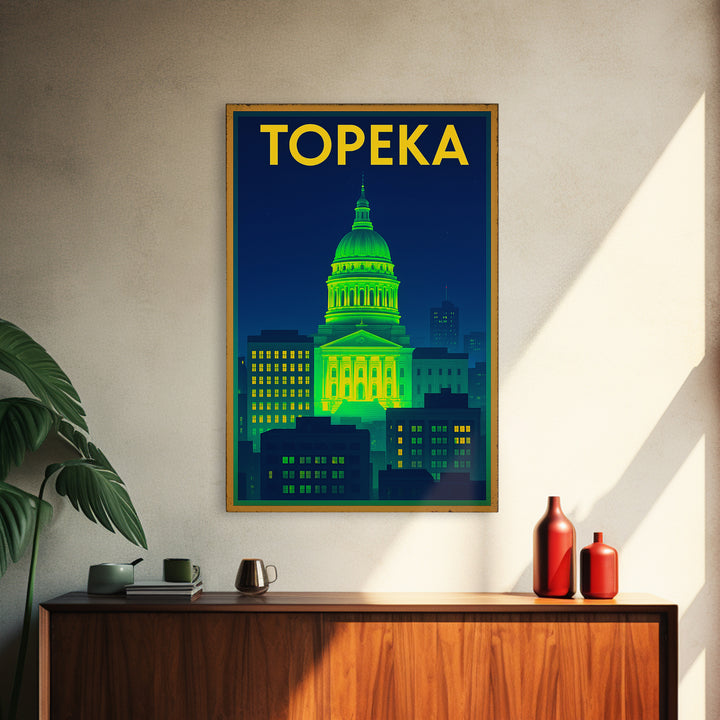 Topeka Travel Poster, Canvas Print, Retro Neon Travel Art, Topeka Travel Art, Travel Poster Set, Travel Wall Decor, City Travel Prints