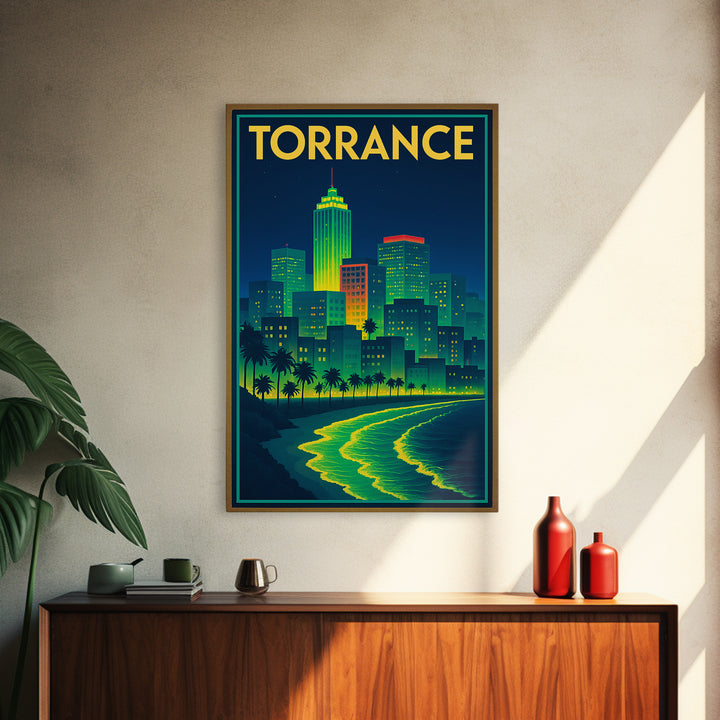 Torrance Travel Poster, Canvas Print, Cyberpunk Style City Art, Torrance Travel Art, Mid Century Wall Art, City Travel Prints, Design 2