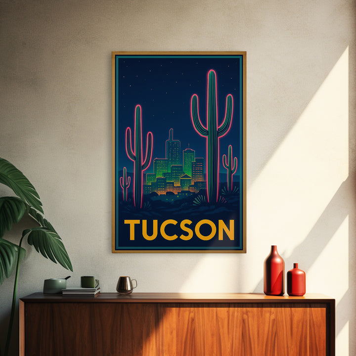 Tucson Arizona Travel Poster, Canvas Print, Retro Neon Travel Art, Tucson City Art, Travel Poster Set, Watercolor Skyline Art, Art Print