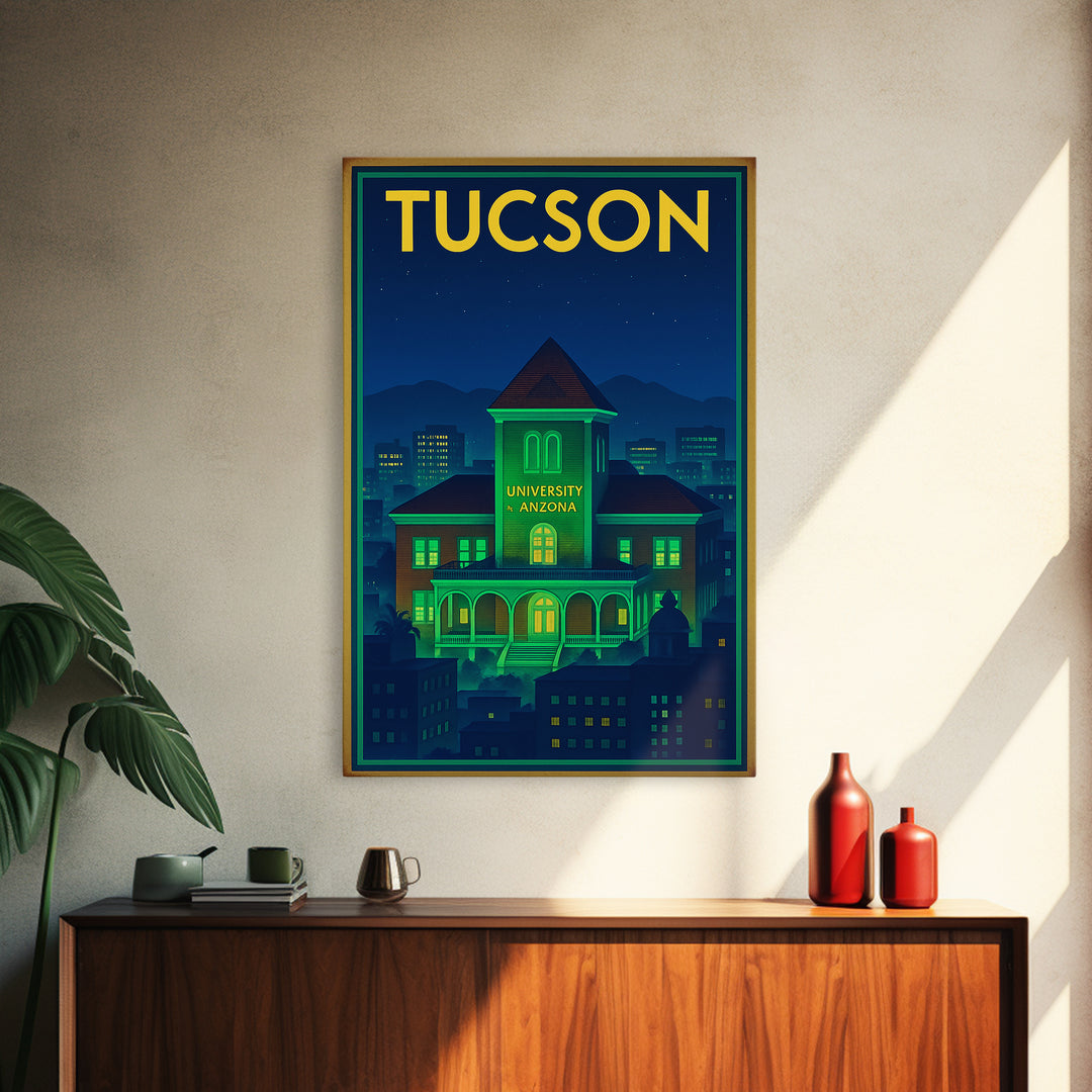 Tucson Travel Poster, Framed Canvas Print, Neon Skyline Wall Art, Tucson Travel Art, City Travel Prints, City Illustration, Art Print