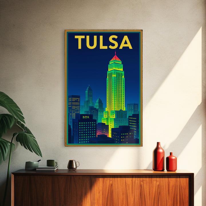 Tulsa Travel Poster, Canvas Print, Retro Neon Travel Art, Tulsa City Art, Vintage City Poster, Living Room Wall Art, Travel Wall Art