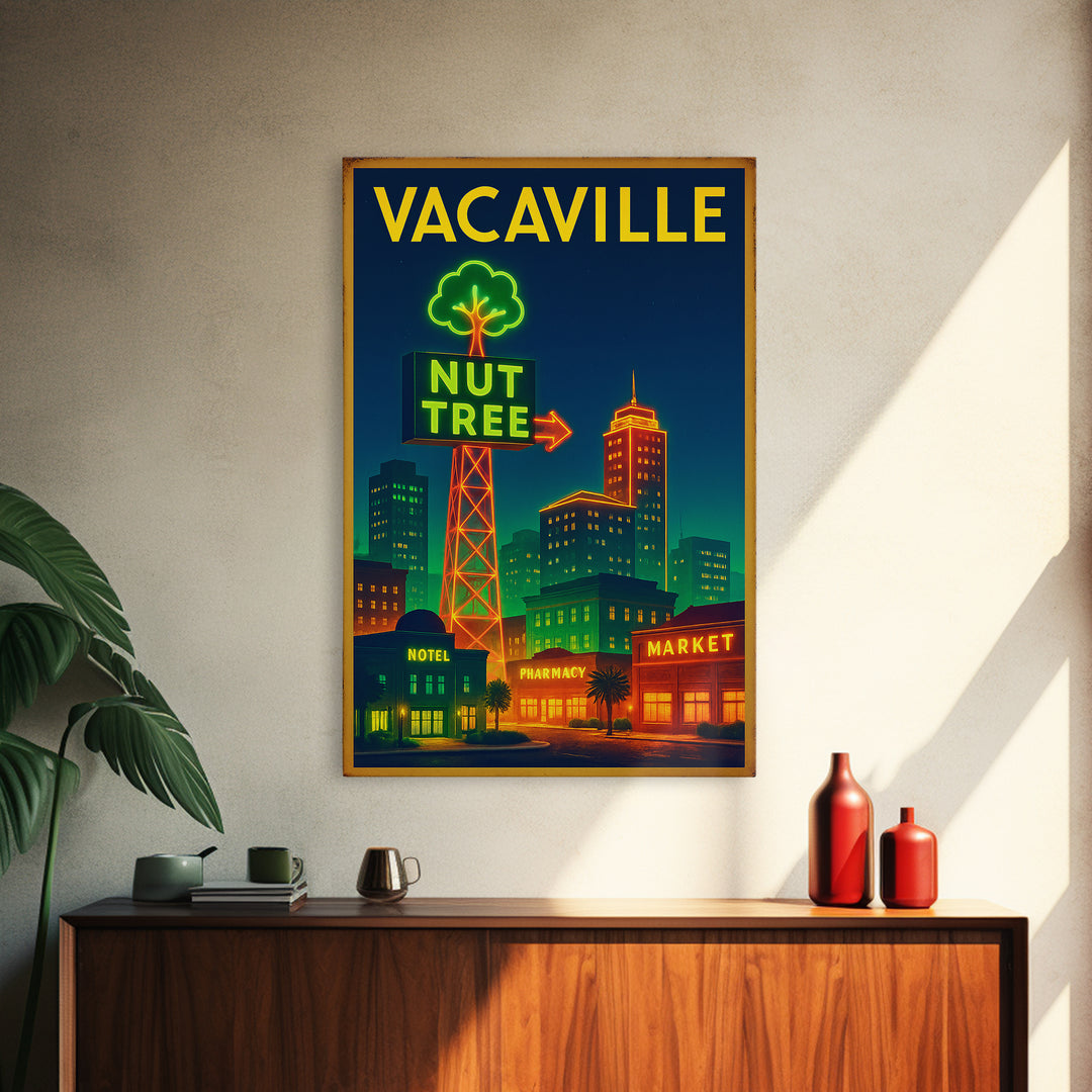 Vacaville Travel Poster, Framed Canvas Print, Electric Night Poster Art, Vacaville Travel Art, Travel Wall Art, Watercolor Skyline Art