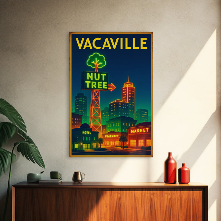 Vacaville Travel Poster, Framed Canvas Print, Electric Night Poster Art, Vacaville Travel Art, Travel Wall Art, Watercolor Skyline Art