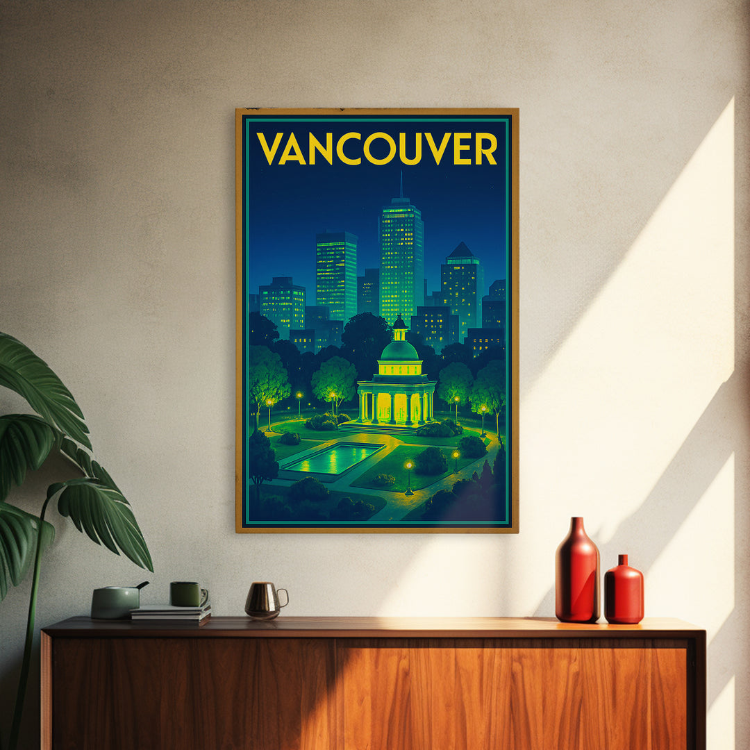 Vancouver Travel Poster, Framed Canvas Print, Retro Neon Travel Art, Vancouver Wall Art, Mid Century Wall Art, Retro Travel Print