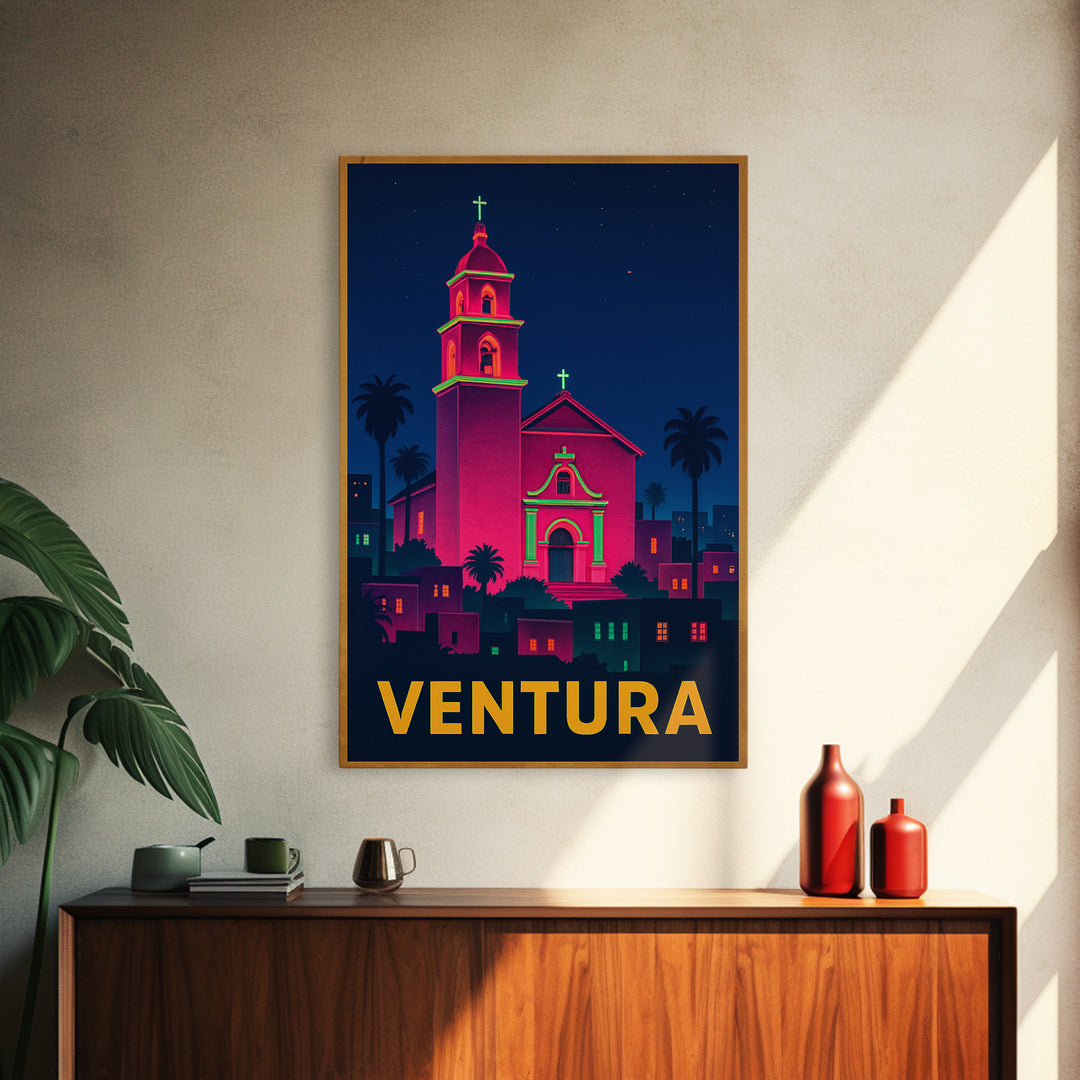 Ventura California Travel Poster, Canvas Print, Neon Skyline Art Wall Art, Ventura Art Print, Wall Decor, City Illustration, Home Decor
