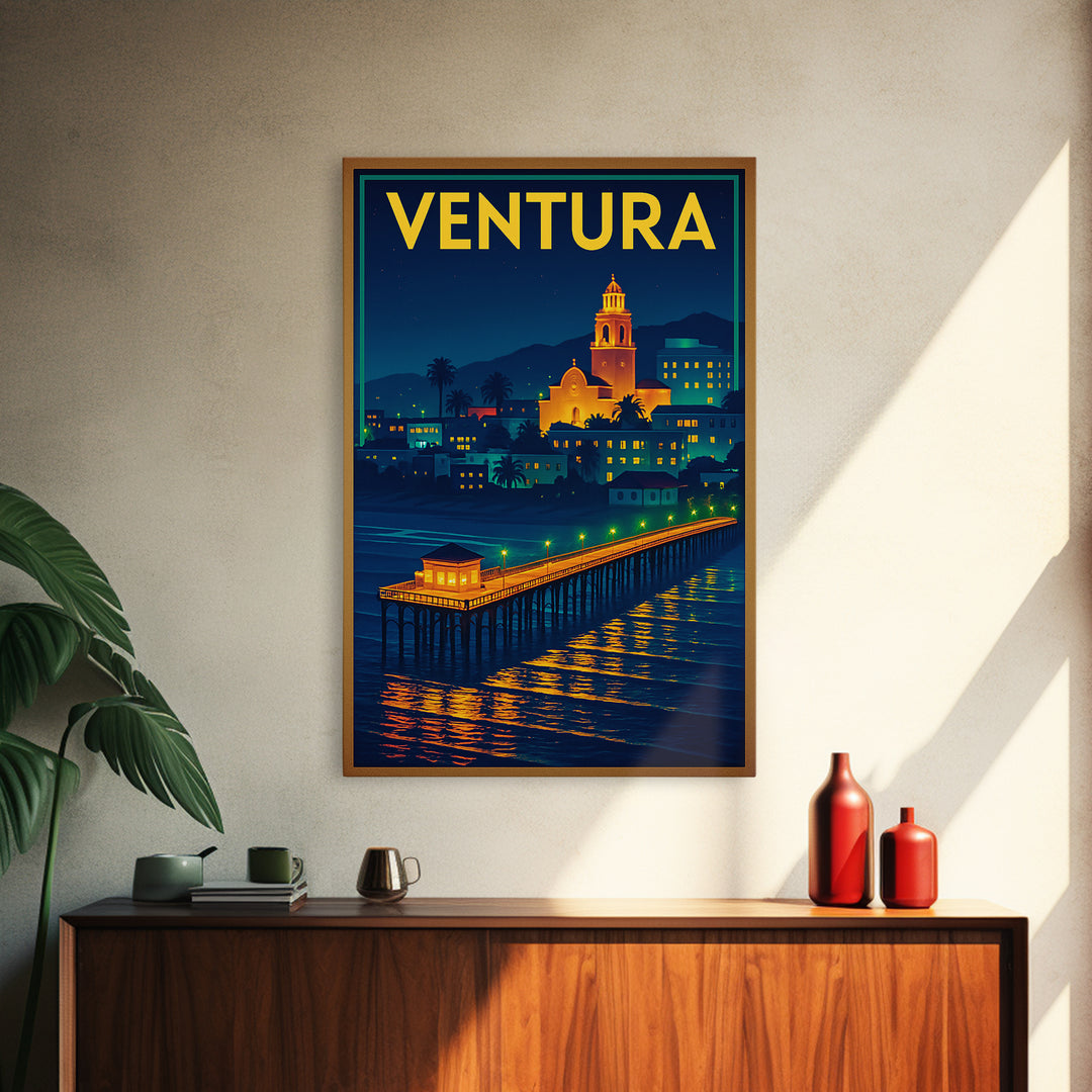 Ventura Travel Poster, Canvas Print, Retro Neon Travel Art, Ventura Poster Print, Living Room Wall Art, City Illustration, Travel Decor