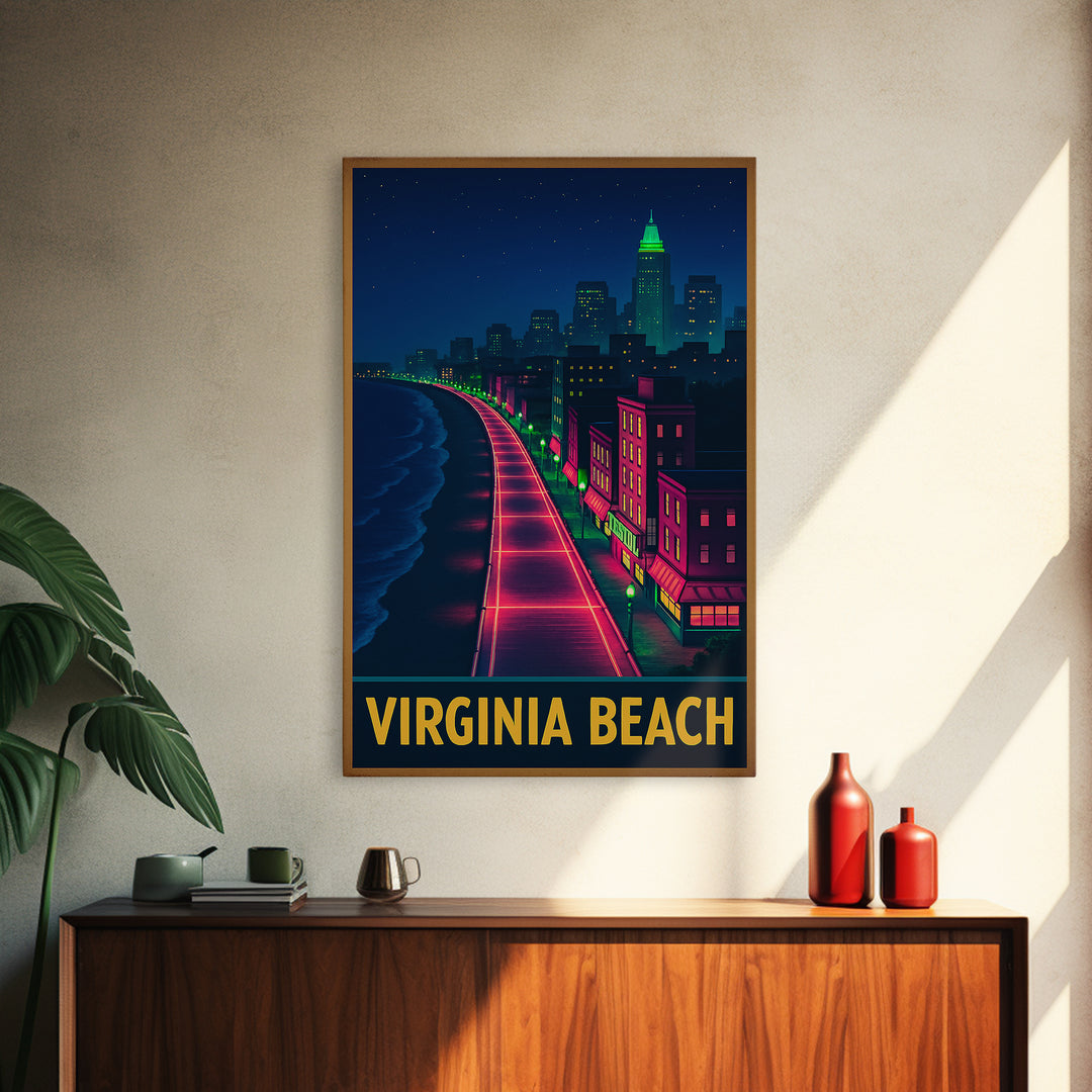 Virginia Beach Virginia Travel Poster, Canvas Print, Cyberpunk Style City Art, Virginia Beach Wall Art, Wall Decor, Travel Wall Decor