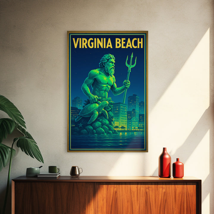 Virginia Beach Travel Poster, Canvas Print, Neon City Skyline Wall Art, Virginia Beach Wall Art, City Poster, Watercolor City Skyline