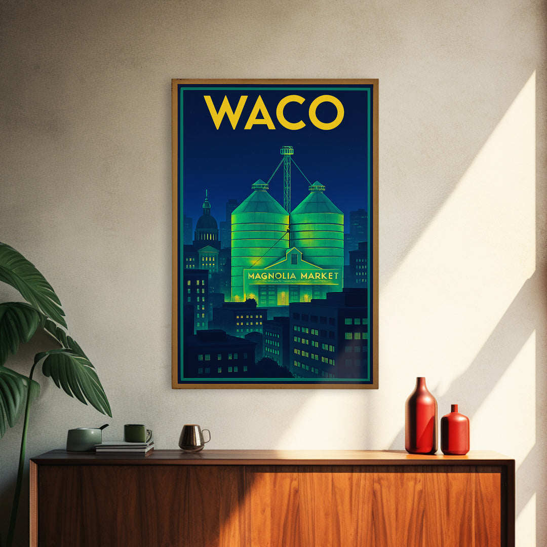 Waco Travel Poster, Framed Canvas Print, Electric Night Poster Art, Waco Travel Art, Watercolor Cityscape, Travel Wall Art, Poster Print