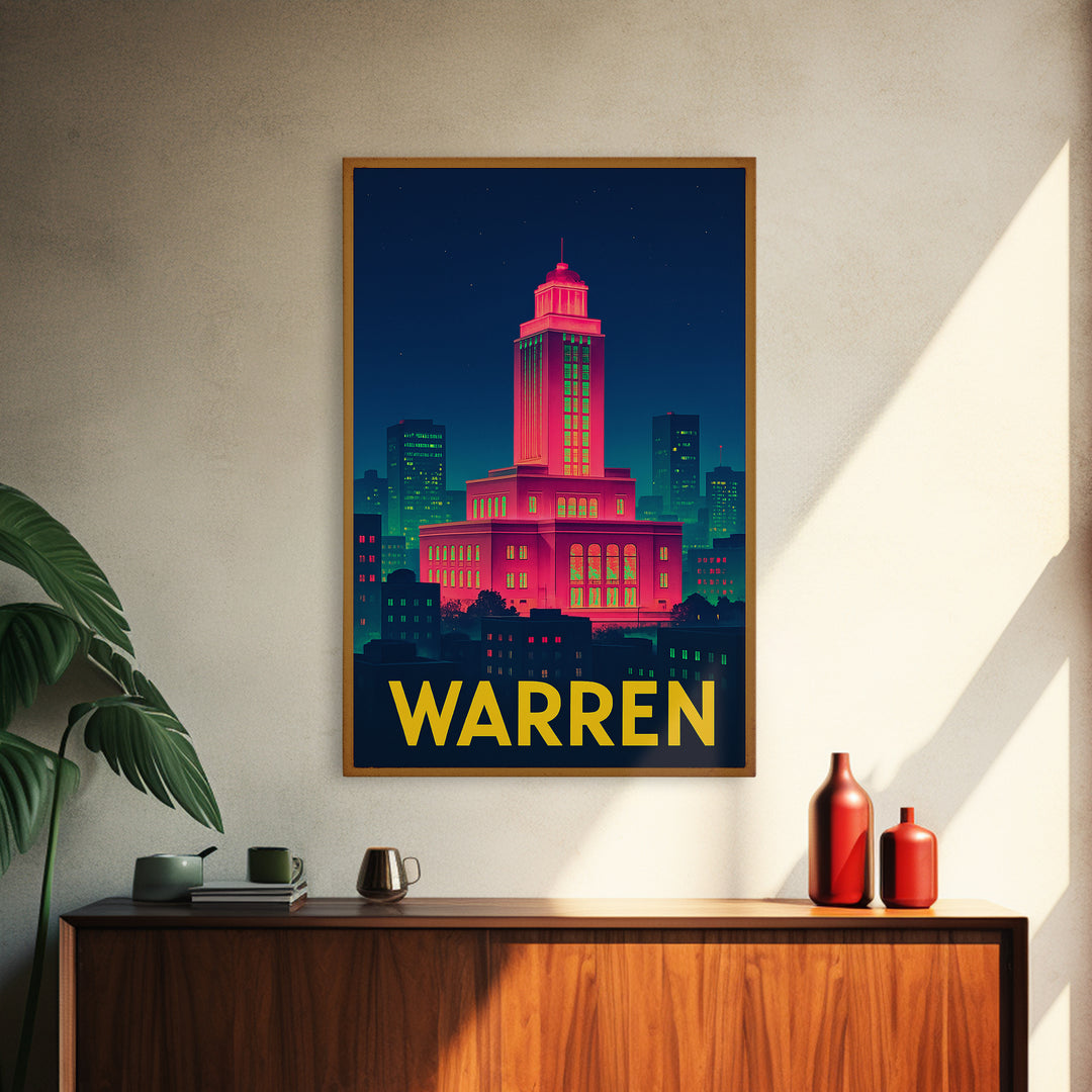 Warren Michigan Travel Poster, Canvas Print, Retro Neon Travel Art, Warren Wall Art, Home Office Decor, Modern Wall Decor, City Illustration