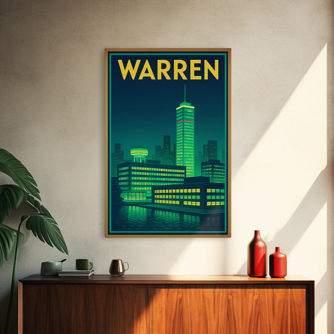 Warren Travel Poster, Canvas Print, Neon Urban Skyline Wall Art, Warren Wall Art, Wall Decor, Mid Century Wall Art, Wanderlust Decor