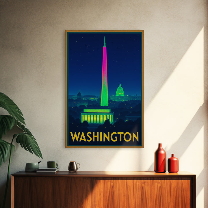 Washington Travel Poster, Framed Canvas Print, Electric Night Poster Art, Washington Travel Art, Vintage Travel Print, Gift For Travelers