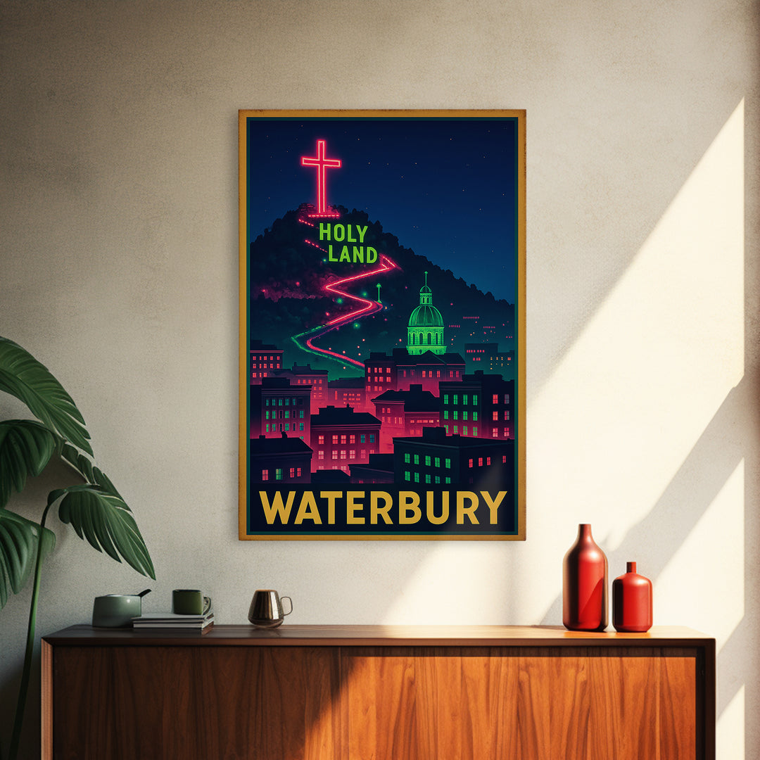 Waterbury Travel Poster, Framed Canvas Print, Neon Skyline Wall Art, Waterbury Art Print, Fine Art Print, Vintage Travel Art