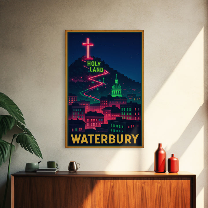 Waterbury Travel Poster, Framed Canvas Print, Neon Skyline Wall Art, Waterbury Art Print, Fine Art Print, Vintage Travel Art