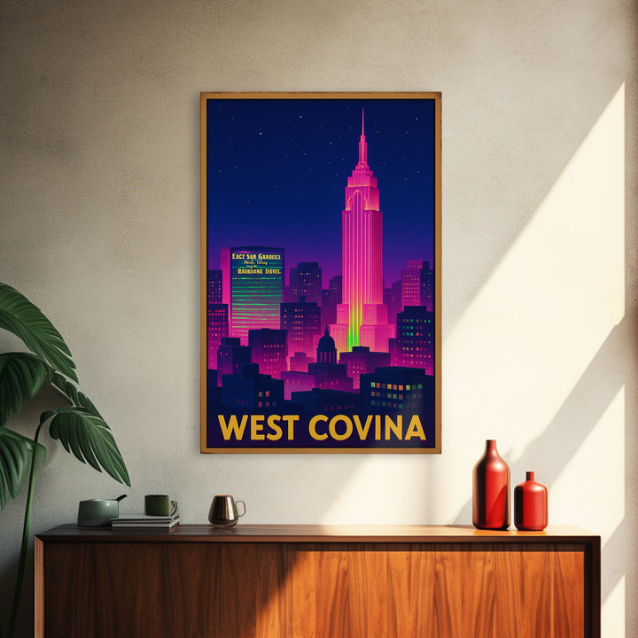 West Covina California Travel Poster, Canvas Print, Electric Night Poster Art, West Covina Poster Print, City Art Print, Vintage Travel Art
