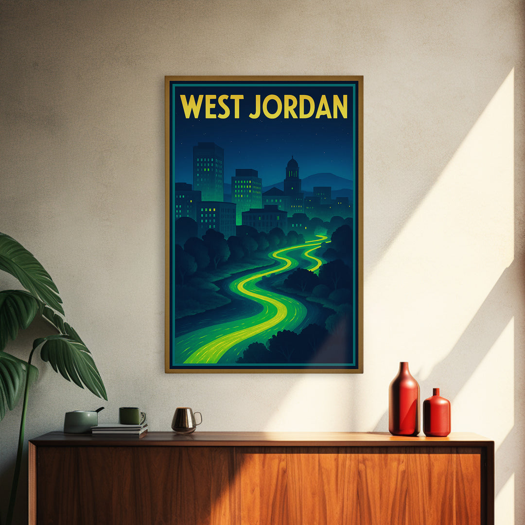 West Jordan Travel Poster, Framed Canvas Print, Cyberpunk Style City Art, West Jordan Poster Print, Fine Art Print, Vintage City Art