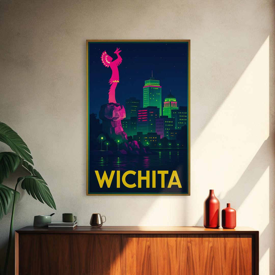 Wichita Kansas Travel Poster, Canvas Print, Retro Neon Travel Art, Wichita Print, City Poster, Travel Wall Art, Watercolor Urban Skyline